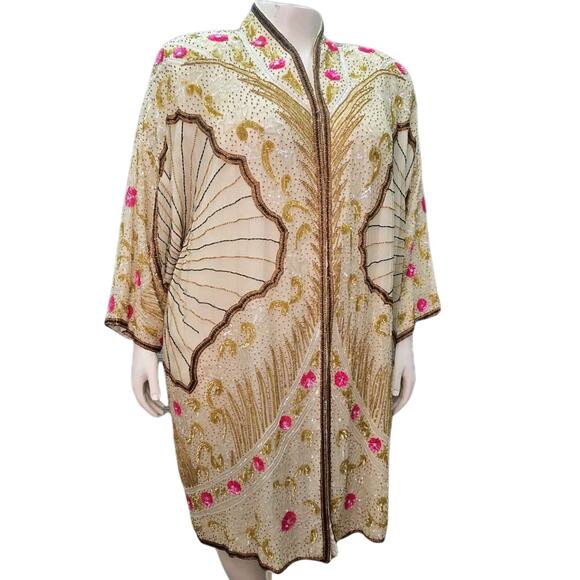 VTG Gunit Silk Beaded Kimono Jacket Womens Size 24 Art Deco 1920's Artsy Flapper - Picture 1 of 16